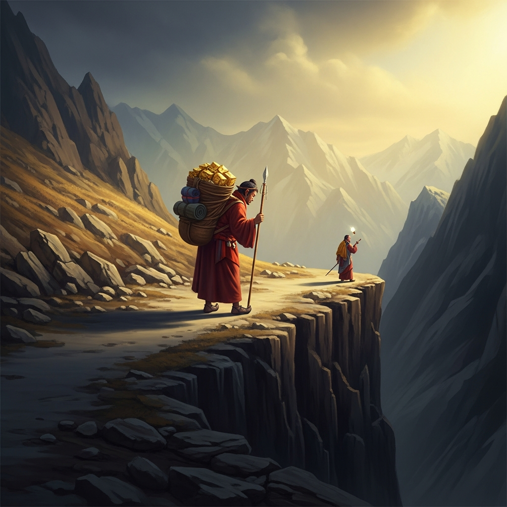 Marpa on the high Himalayan passes heading south into India, a heavy pack on his back containing gold from the Tibetan plateau. The pass is narrow and the drop on one side is absolute. He does not look down. He is thinking about the teacher waiting at the end of the journey.