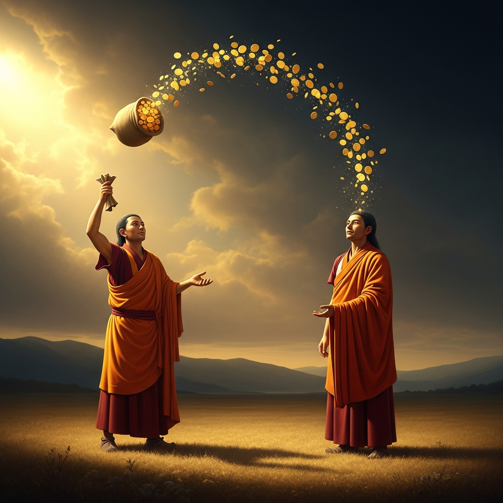 Naropa and Marpa standing in an open field. Marpa has just thrown a bag of gold into the air. The gold catches the sunlight as it arcs upward, scattering — each coin a small sun. Naropa watches with complete stillness. Marpa stands below, his arms still extended from the throwing gesture, his face transformed.