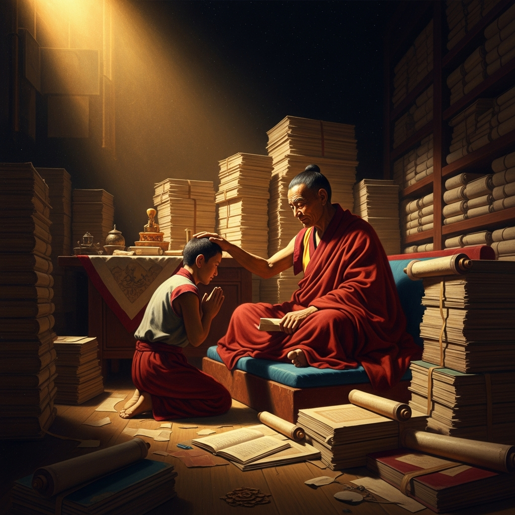 Marpa in his study in Lhodrak, surrounded by the texts he translated across thirty years of journeys, his hand on the head of Milarepa who kneels before him in the moment of formal transmission. Marpa's face shows something between pride and grief — the expression of a man who knows the cost of what he is giving.