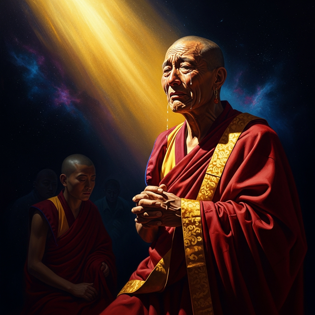 Marpa weeps during the initiation — not from pride, but because the trials he imposed on the student he loves most were the hardest thing he has ever done.