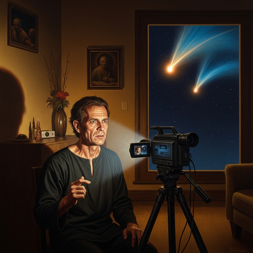Marshall Applewhite records the final exit videos in the spring of 1997 as Hale-Bopp brightens overhead.