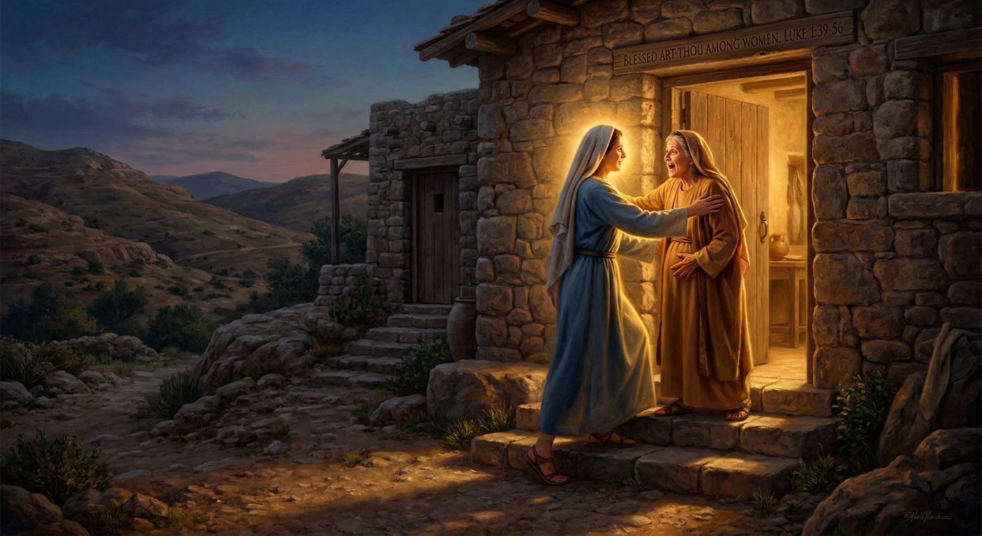 The Visitation: Mary travels to the hill country and greets her cousin Elizabeth, whose unborn son leaps at the sound of her voice (Luke 1:39-56). Two impossible pregnancies, one room.
