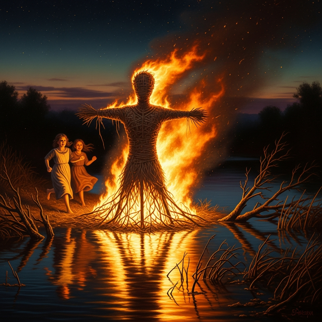 The effigy burning at the river's edge — the girls who have set it alight already running, faces turned away, the fire catching in the dry straw and the dark water rising to receive what is left