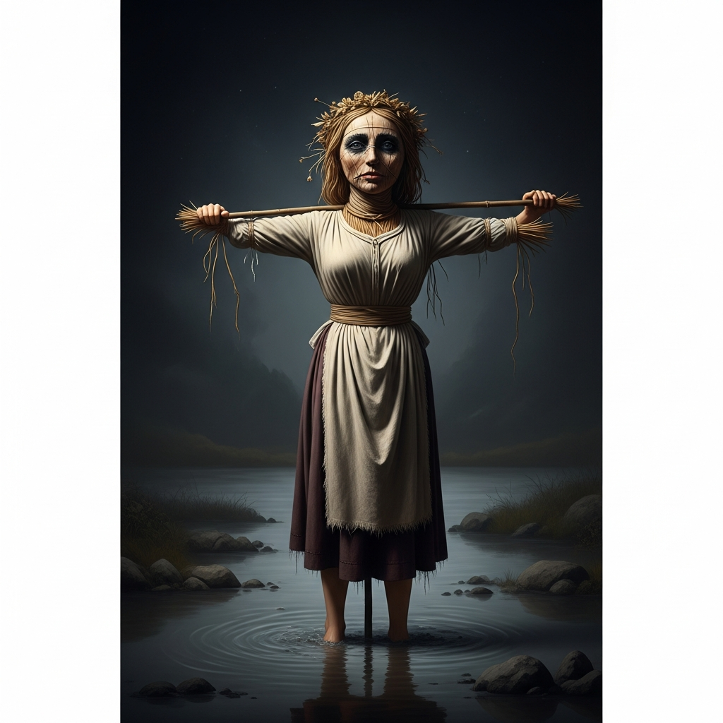 The Marzanna effigy in the hands of the village girls — straw and old linen and the last of the winter wool, her face a rag with charcoal eyes, carried on a pole through the grey March mud toward the river