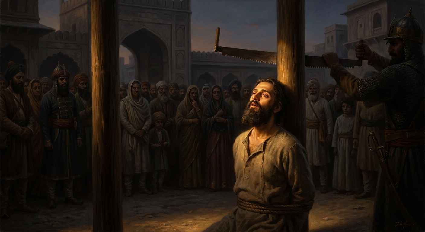 November 1675, Delhi. Bhai Mati Das, Tegh Bahadur's companion, is sawn in half between two planks in front of the Guru — the empire's last attempt at intimidation.