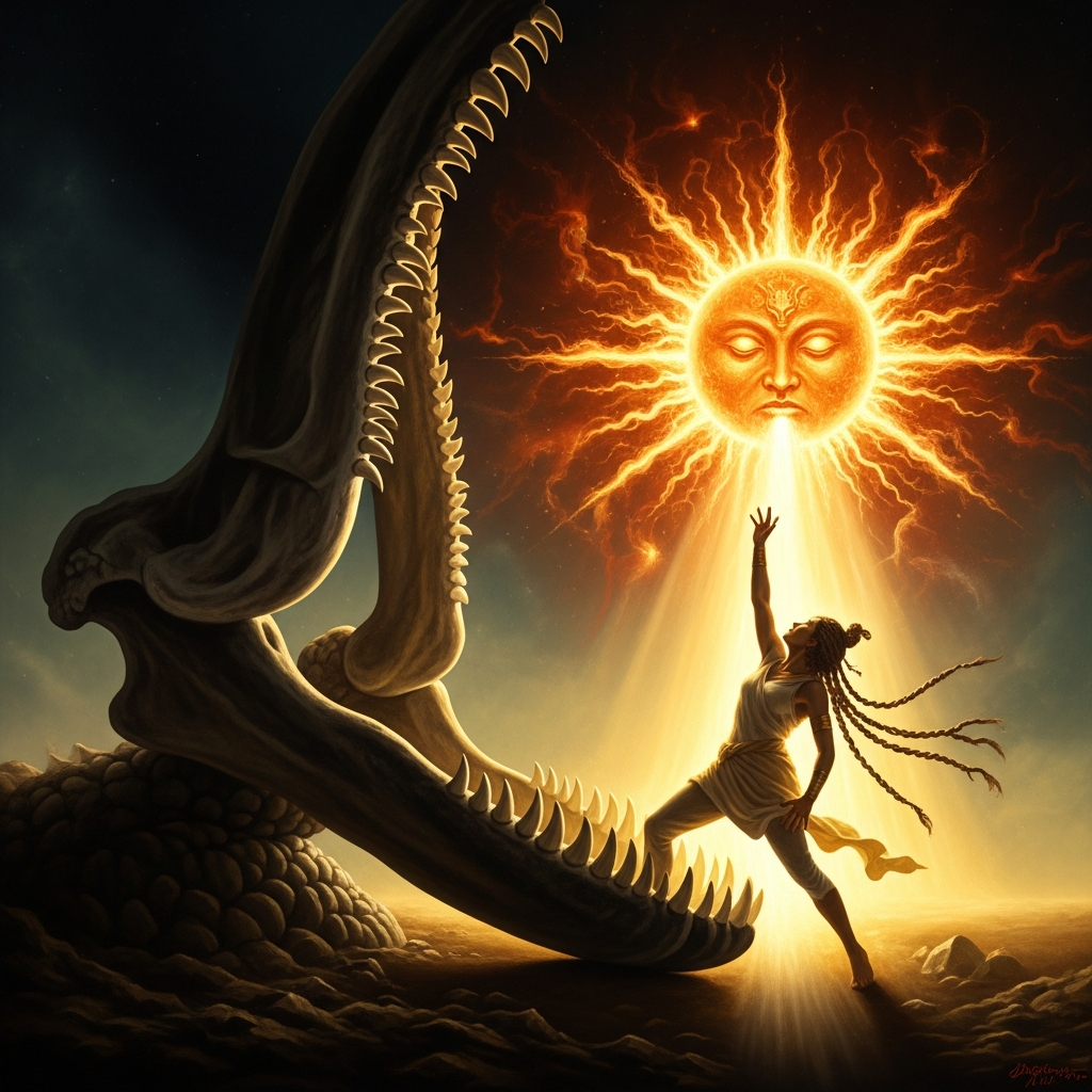 The jawbone rising and falling against the legs of La — blinding light in every direction, the rope of hair taut, the sun thrashing and slowing and finally listening.