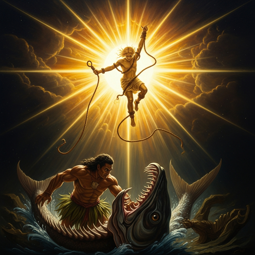 The jawbone rising and falling — the sun's legs tangled in the noose, light exploding in every direction, Māui's arms burning with each stroke.