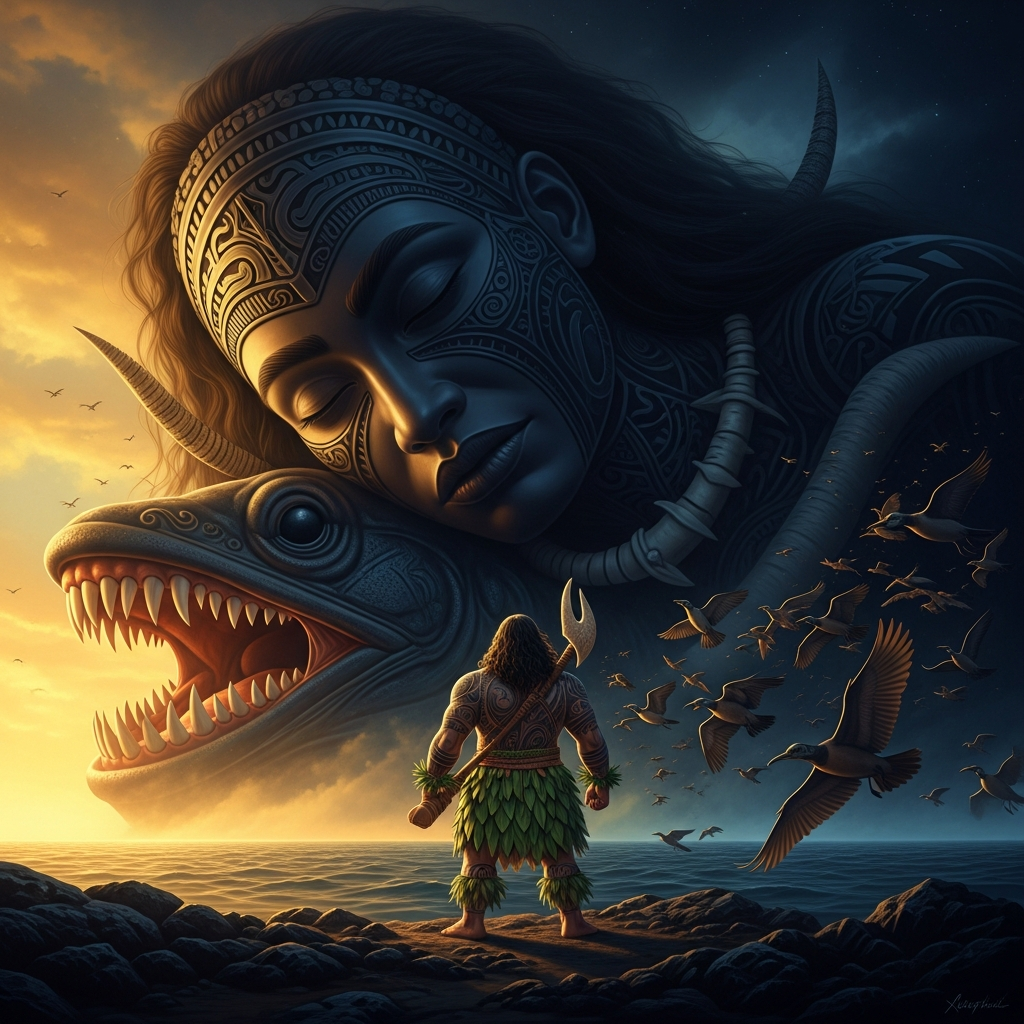 Maui standing before the sleeping form of Hine-nui-te-po at the edge of the world — vast as a cliff-face, her obsidian eyes closed, her open mouth showing the barracuda teeth, the birds frozen behind him.