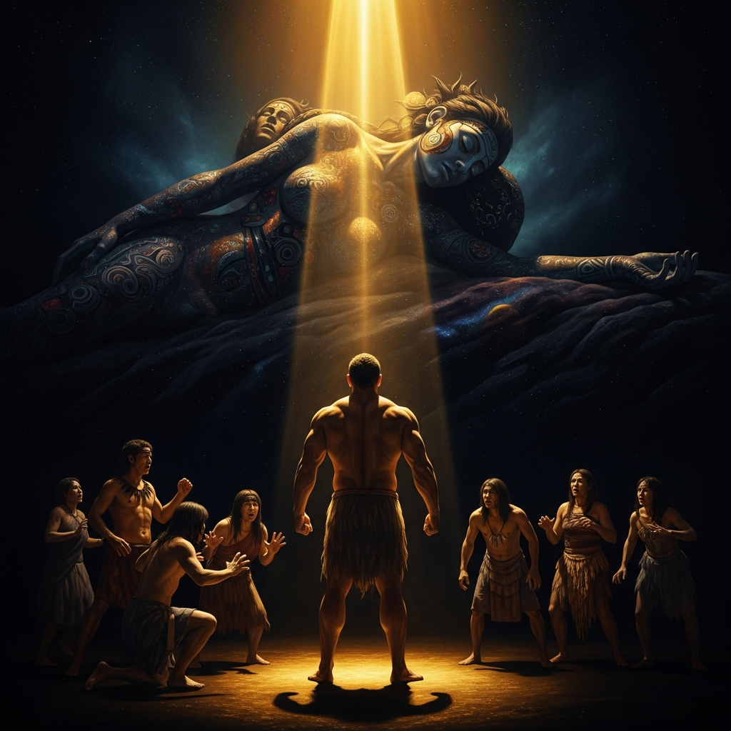 Māui stands naked at the threshold of night, before the sleeping form of the Great Woman of the Night, his companions frozen behind him.