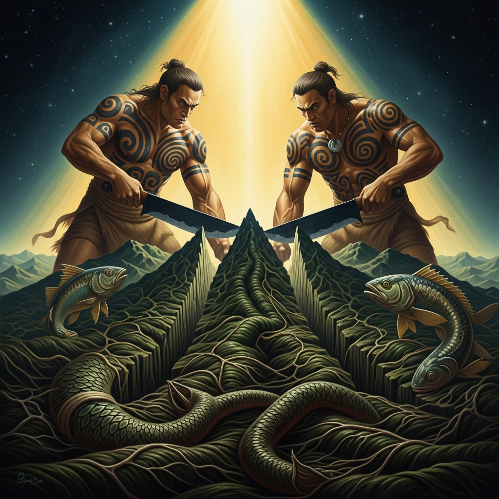 The brothers' knives cutting the still-living land before the prayers are said — each blow a valley, each gouge a ridge, the fish writhing into the hills of Aotearoa.