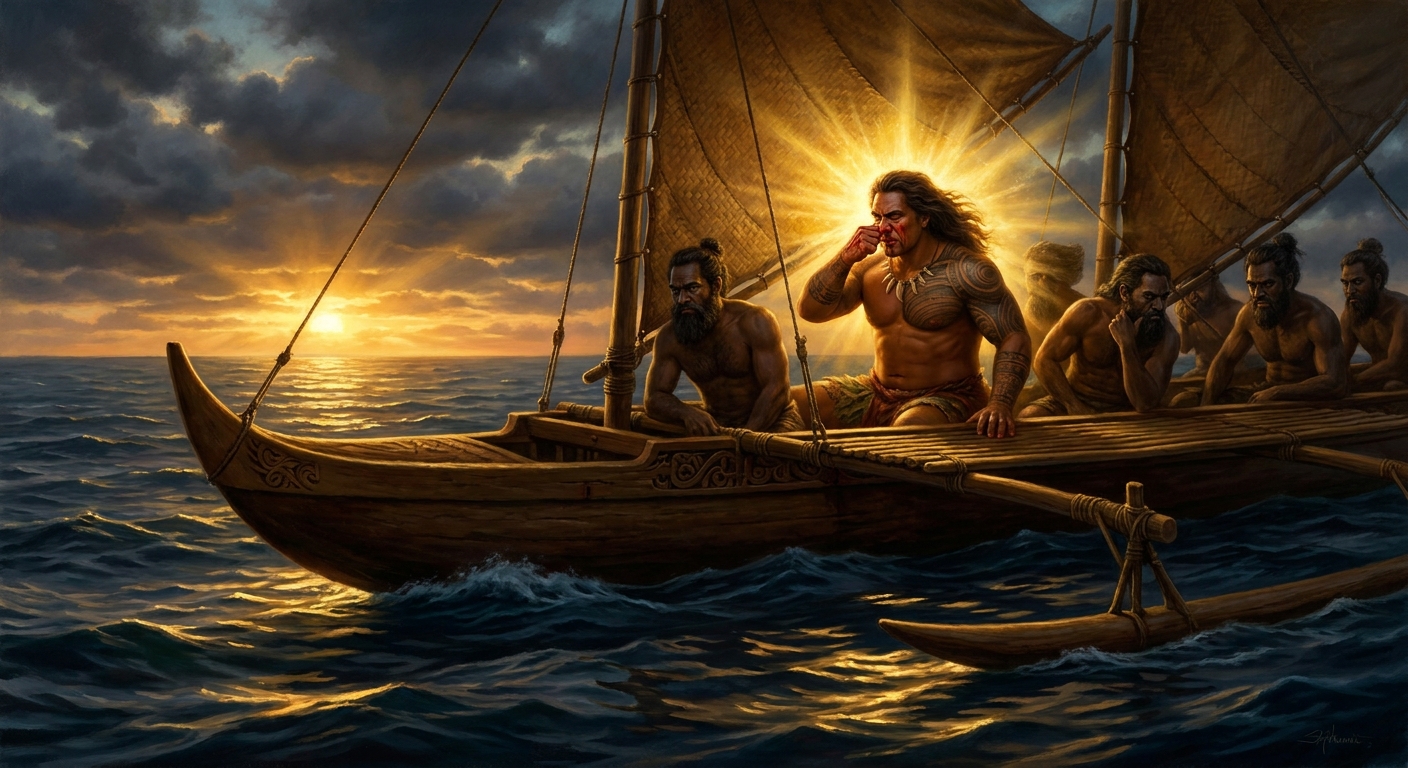The canoe in deep water. The brothers refusing to give him bait. Māui striking his own face for the blood that will catch a continent.
