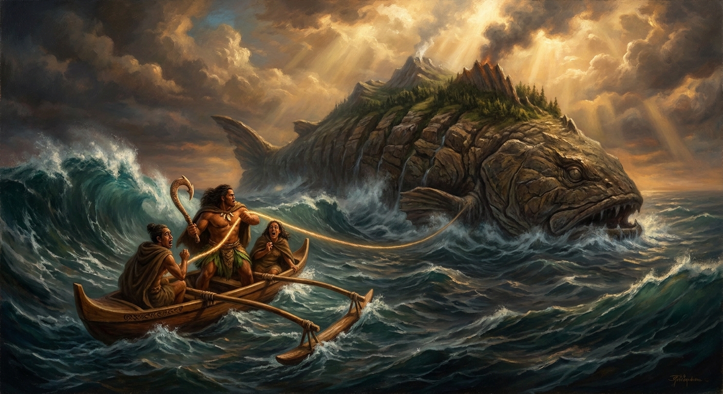 The island breaking the surface. The brothers screaming to cut the line. Māui forbidding them. The fish coming up alive.