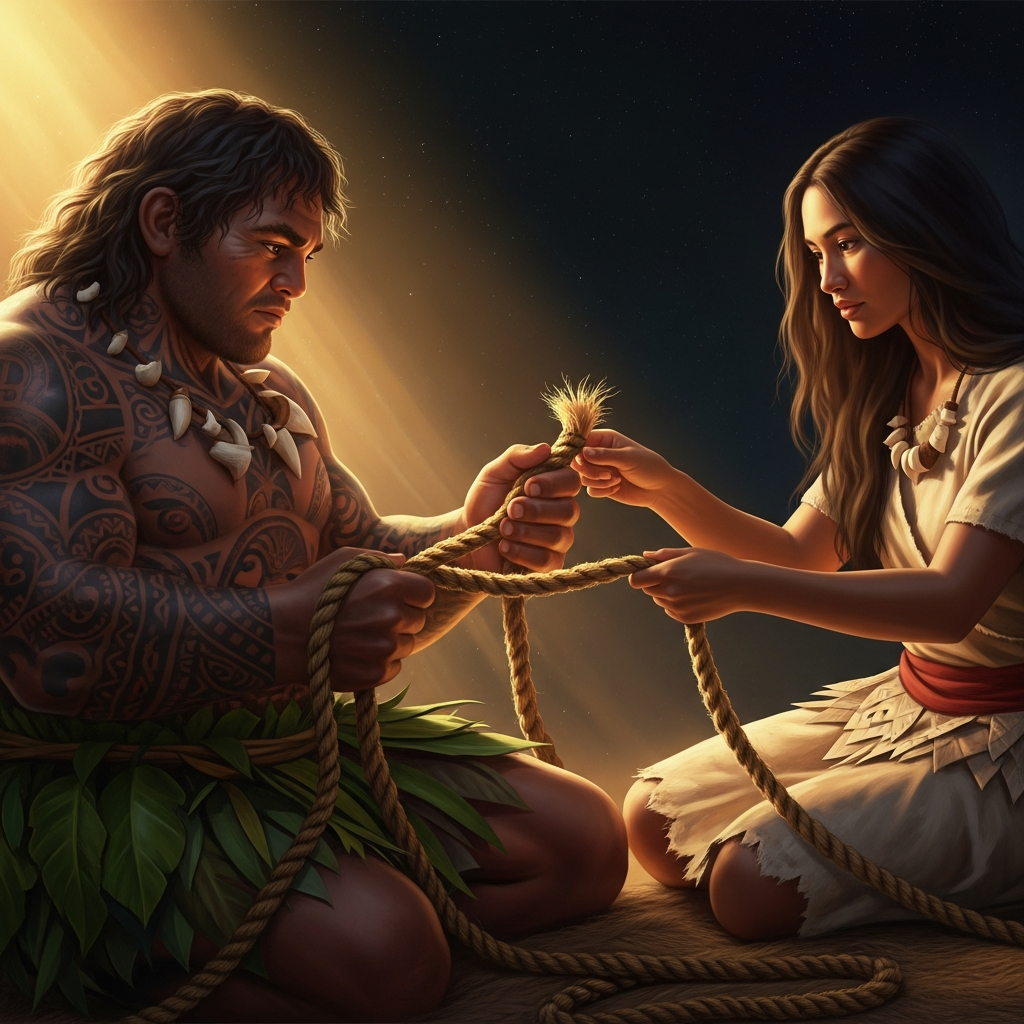 Maui braiding the rope from his sister Hina's hair — the long strands wound with chants and the names of his ancestors, the rope growing longer than the hair it came from.
