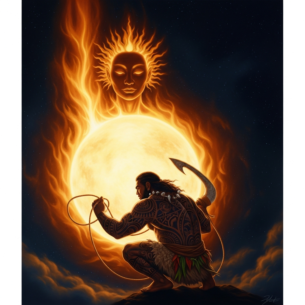 Maui crouched at the edge of La's pit in the last dark before dawn — the rope coiled in both hands, the horizon beginning to pale, the stone underfoot warm from the sleeping sun below.
