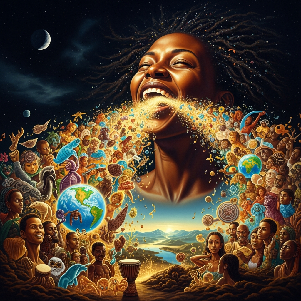 Mawu laughs, and from her laughter comes the diversity of the world — every variation of color and shape and voice and form scattering across the earth in every direction.
