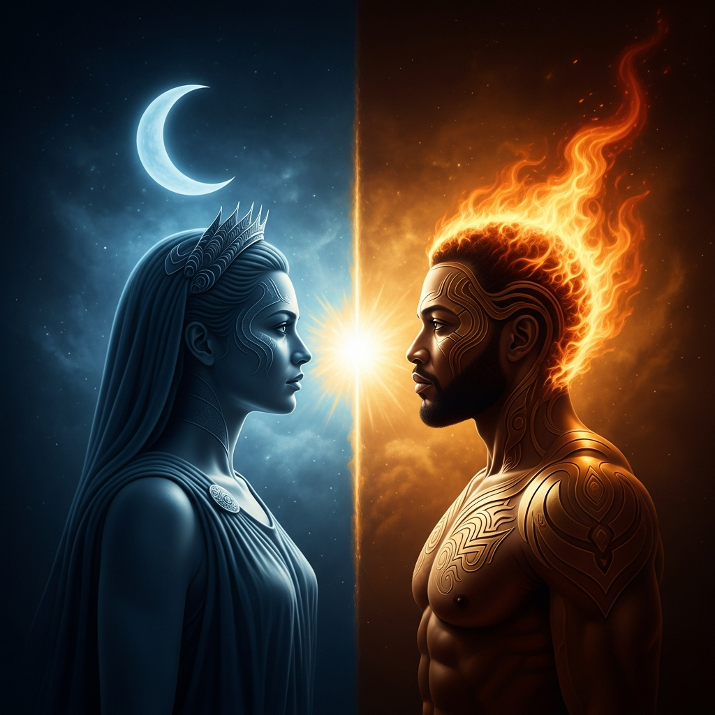 Mawu and Lisa face each other across the axis of the world — she is blue-silver, lunar, the calm face of night; he is gold and burning, solar, the force of the day. Between them the world comes into being.