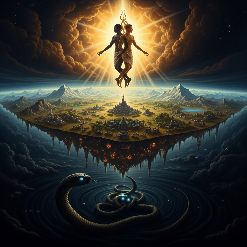 Mawu-Lisa surveys the finished world from above and sees the problem: too many things, too much weight. The earth is sinking. Below, in the dark, the serpent waits for the word.