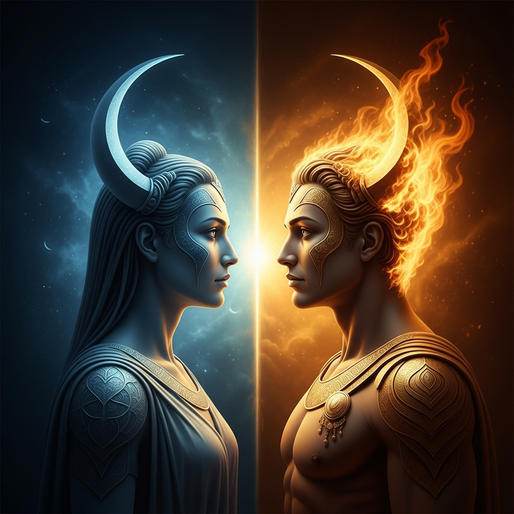 Mawu and Lisa face each other across the axis of the world — she is blue-silver, lunar, the calm face of night; he is gold and burning, solar, the force of the day. Between them the world is made.