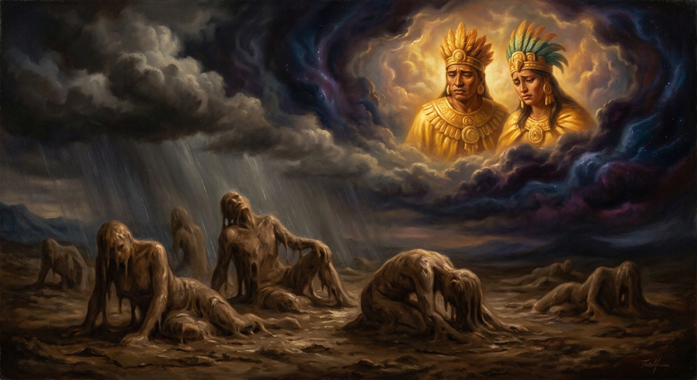 The first people, shaped from mud, dissolve in the rain. Their faces cave in. They cannot hold their heads up. They speak but the words mean nothing. The gods watch them crumble and begin again.