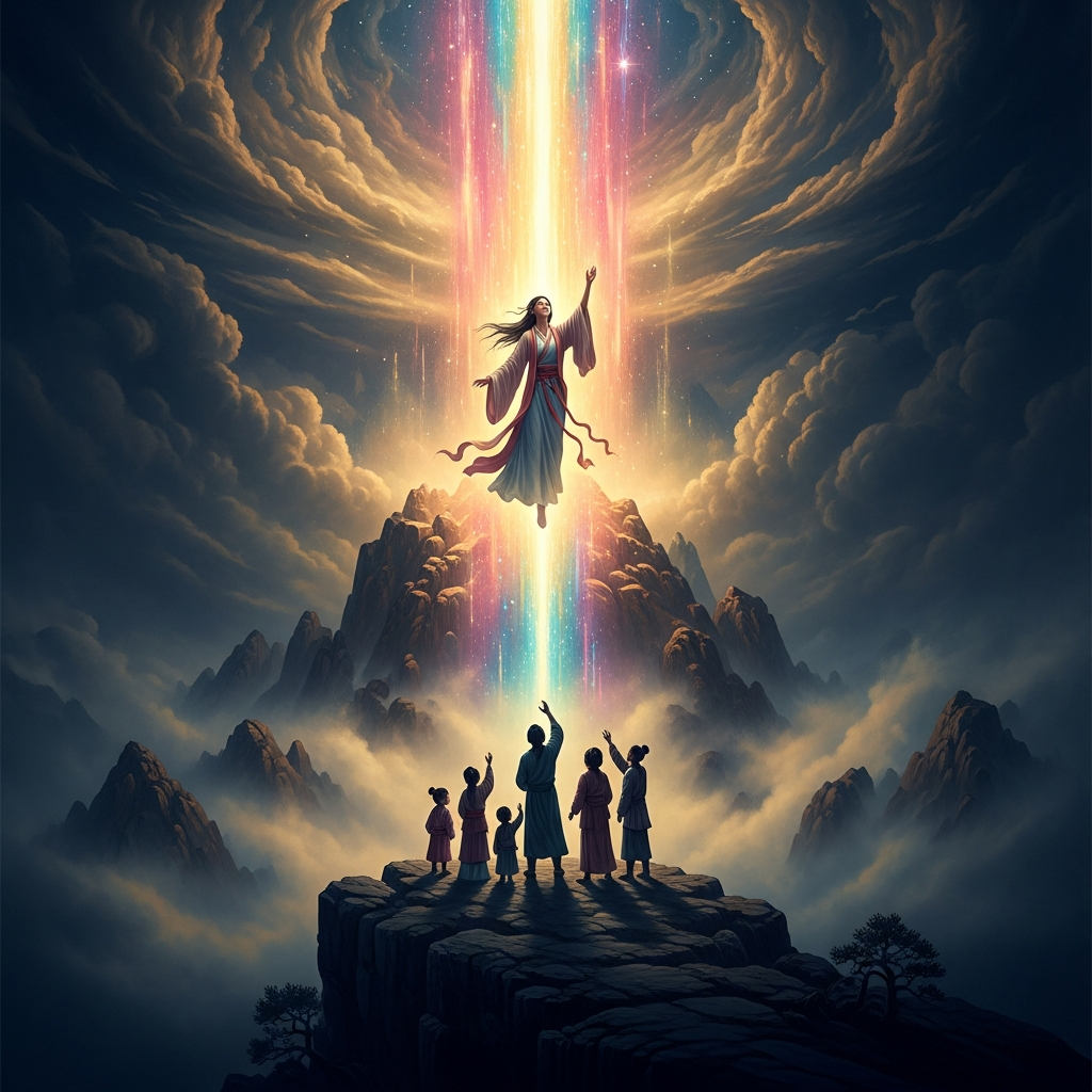 At twenty-seven, Lin Mo climbs Meizhou Mountain alone and ascends into the clouds in a column of colored light while her family below can only watch the place where she was.