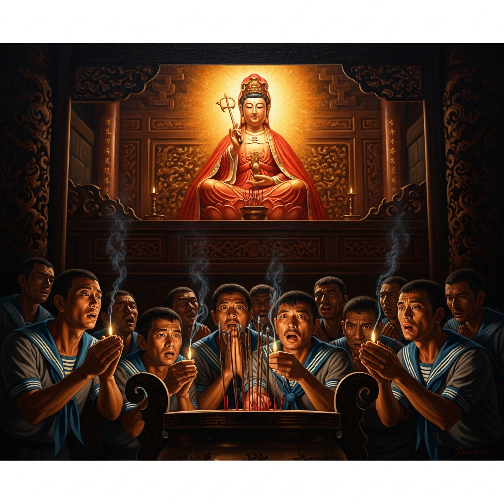 Sailors in the Taiwan Strait light incense at a Mazu temple on a stormy night, her red-robed figure on the altar calm above their fear.
