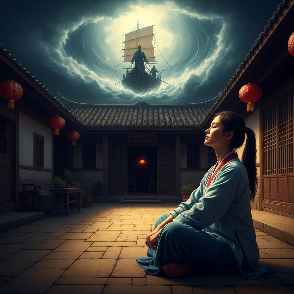 Lin Mo sits in the courtyard of her family's house on Meizhou Island, eyes closed, body rigid in the trance — while in her vision she stands at the prow of her father's boat in the heart of the storm.
