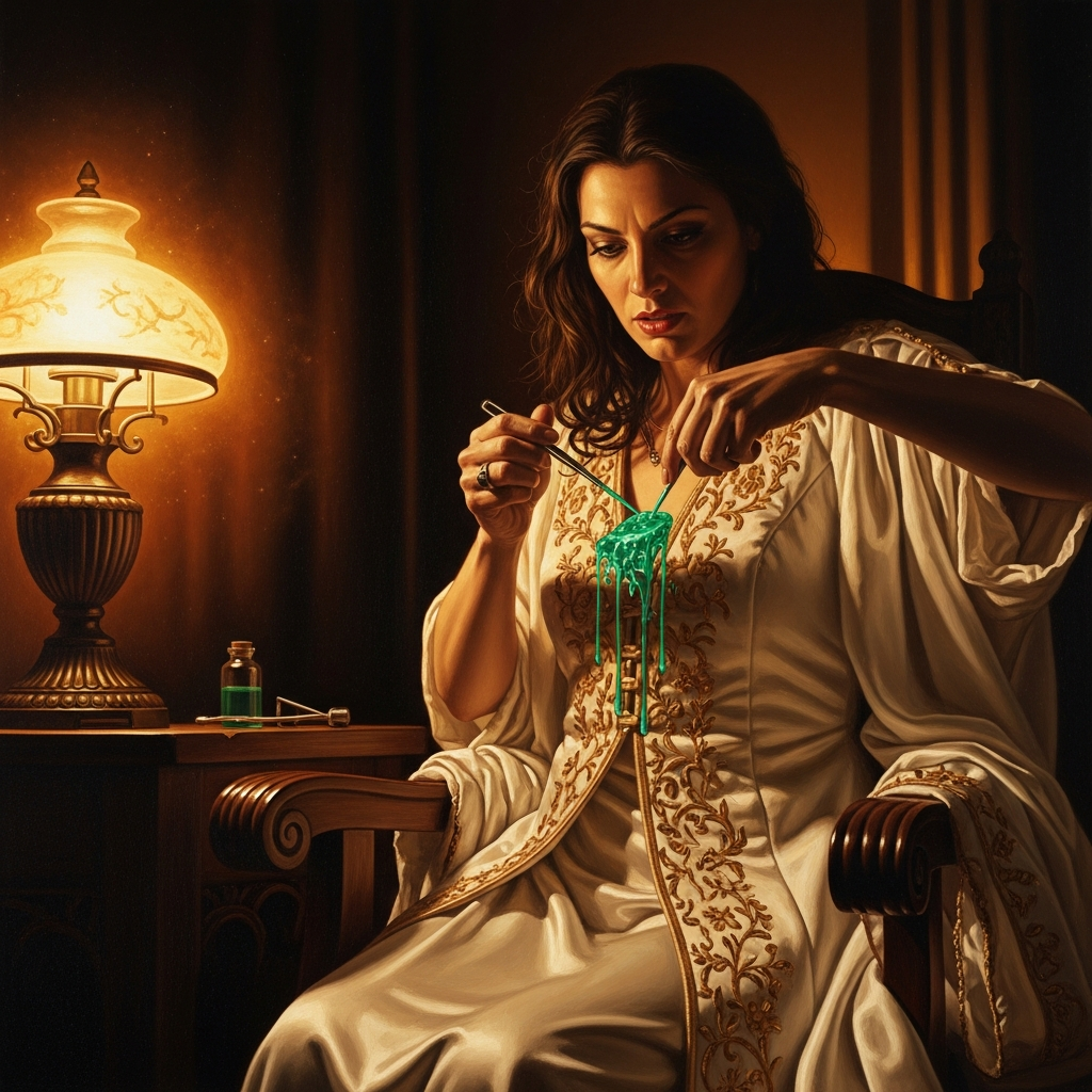 By lamplight, Medea anoints the wedding robe with the poison that will kill Glauke when the cloth touches her skin.