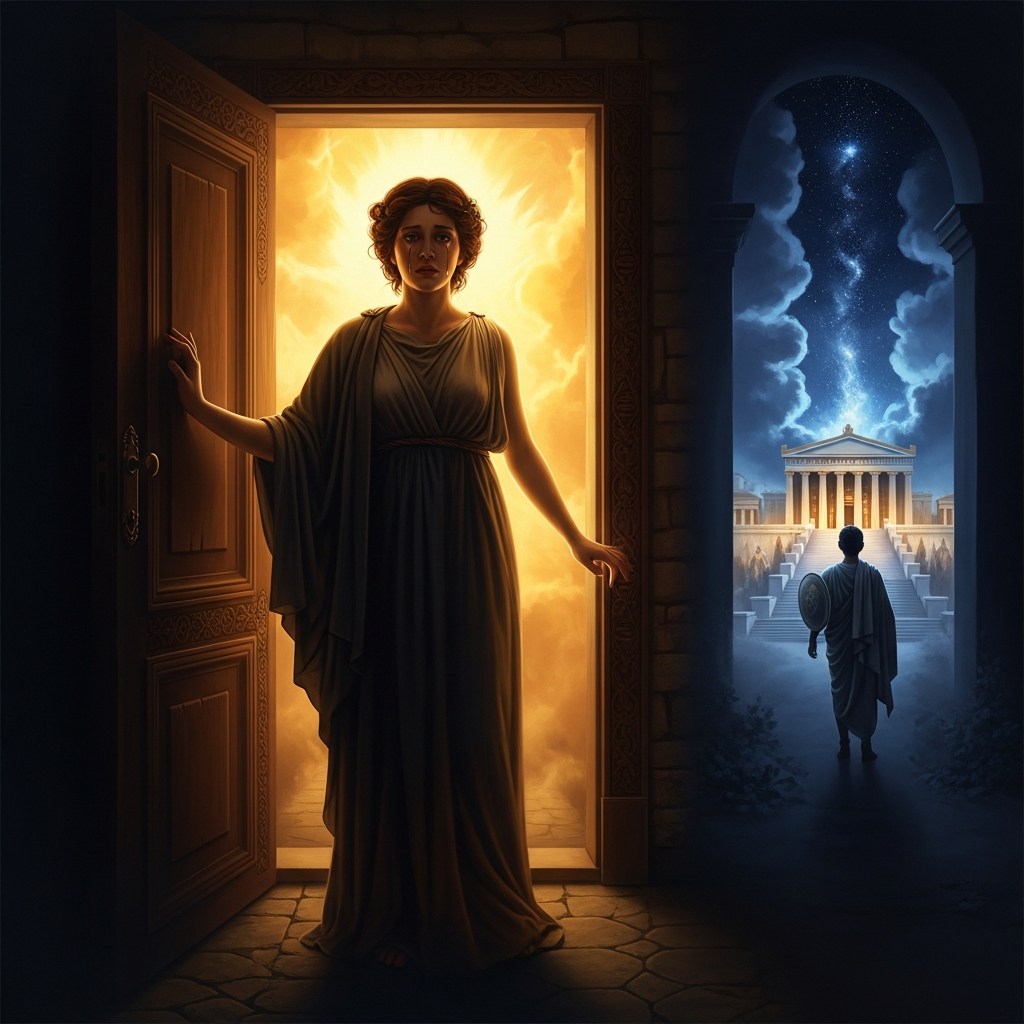 Medea stands at the threshold of her exile-house in Corinth, watching Jason walk to the palace where he will marry another woman.