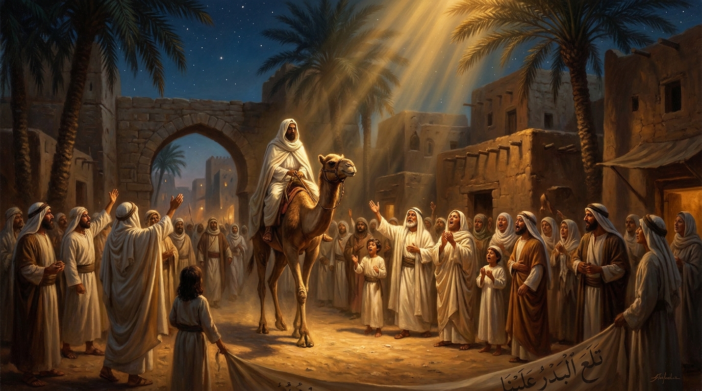 The people of Yathrib line the road into the city. Children climb rooftops. The women sing. The man who arrives is the same man who left Mecca — and he is not.