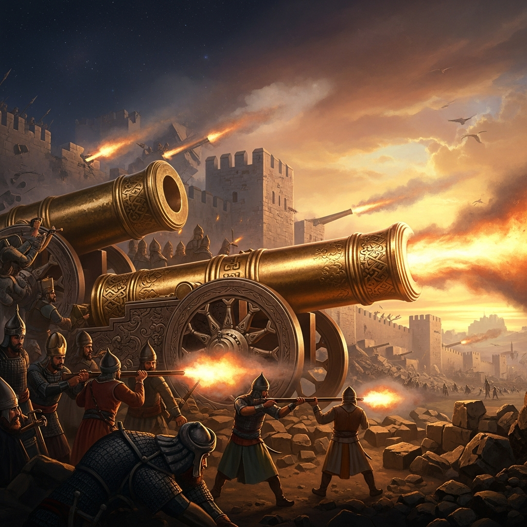 April 1453. Orban's great bombard hammers the Theodosian Walls. The cannon, twenty-seven feet long, throws a stone ball weighing fifteen hundred pounds. It can fire seven times a day. The wall, which has stopped every army for a thousand years, has not been built to stop this.