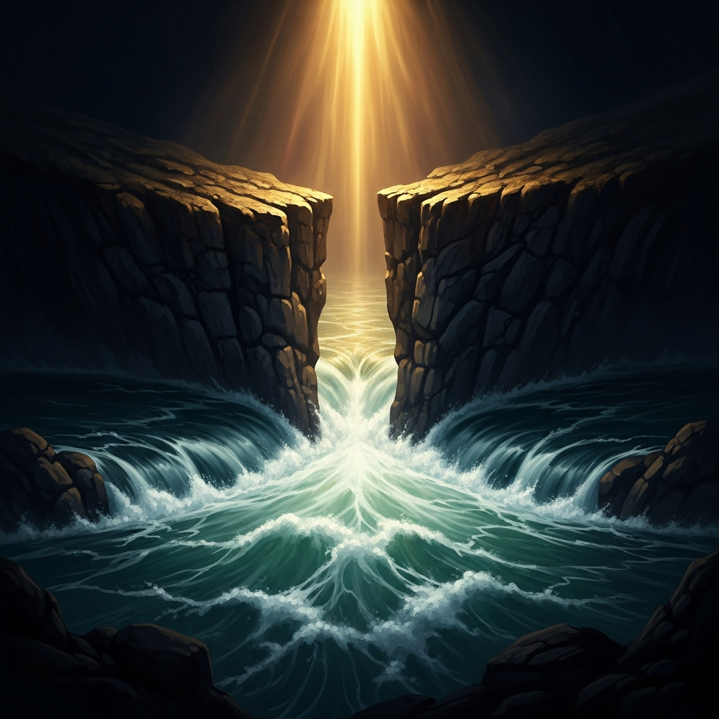 River water divides around a rock and rejoins below it, flowing always toward the low ground — the image Mencius uses to describe a nature that cannot help being good.