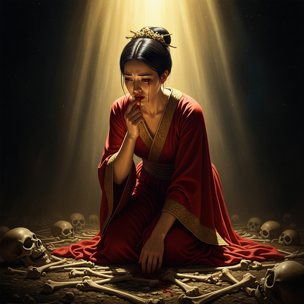 Lady Meng Jiang kneeling among the scattered bones, pressing her finger to her lip — the act of recognition, tasting her own blood to mix it with the bones, reading her husband in the blood's response. Her expression is the specific expression of someone who has found what they were looking for and cannot bear to have found it.