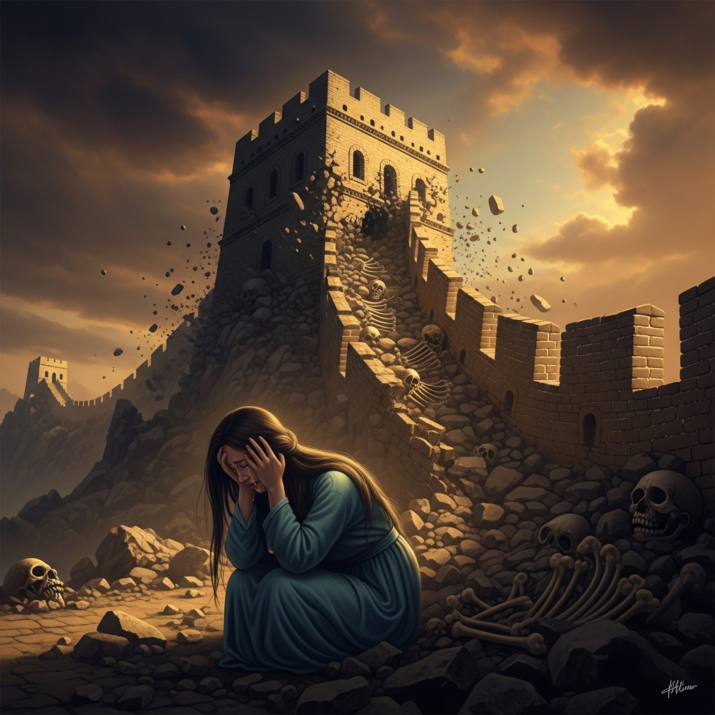 Lady Meng Jiang at the base of the Great Wall, weeping. Around her, the Wall is beginning to move — stone shaking, mortar crumbling, eight hundred li of stone responding to her grief as a mountain responds to an earthquake. The bones of the dead are starting to appear in the rubble.