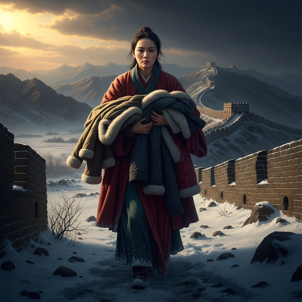 Lady Meng Jiang walking north through winter landscape toward the Great Wall, her arms full of winter clothing she has sewn for her husband. Snow across the northern plain, the Wall visible as a dark line on the mountains ahead. Her face is resolute and already beginning to crack with the knowledge she does not yet have. Dramatic chiaroscuro, oil painting rendering, 8k.