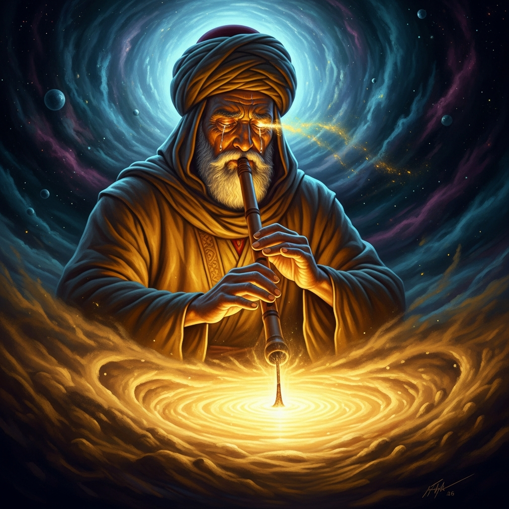 The ney player opens every sema with the cry of the reed cut from its bed — the first image of the Masnavi, the soul separated from God.