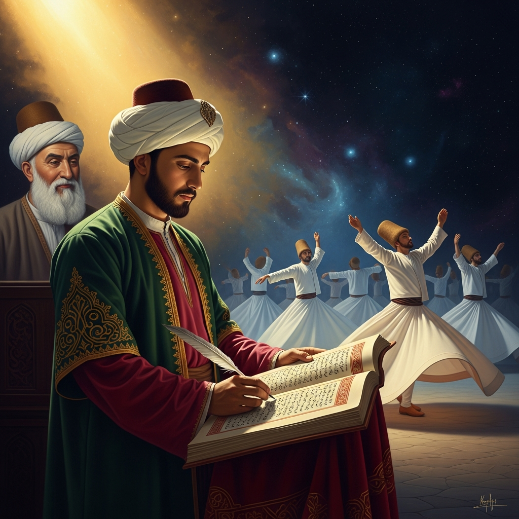 Sultan Walad codifies what his father improvised — the spinning grief becomes the ceremony of an order that will spread across the Ottoman world.