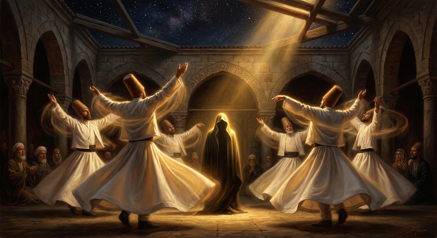Robes spinning into white halos in the courtyard, the first Mevlevi dervishes turn for the murdered friend, founding an order on the axis of his absence.