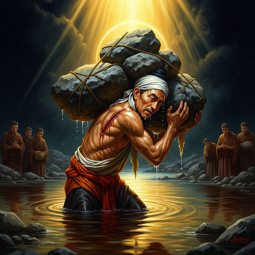 Milarepa carries stones from the riverbed alone. The other students are not permitted to help. His back opens in the second month. He wraps it in cloth and continues.