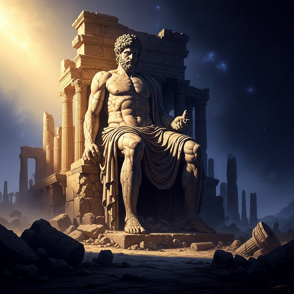 The ruins of his uncle's house at night, smoke rising from the collapse. Timber and stone have caved inward. Thirty-five people were inside at the wedding feast. Milarepa watches from the darkness of the hillside, alone. The celebration that was happening one moment ago has become absolute silence.