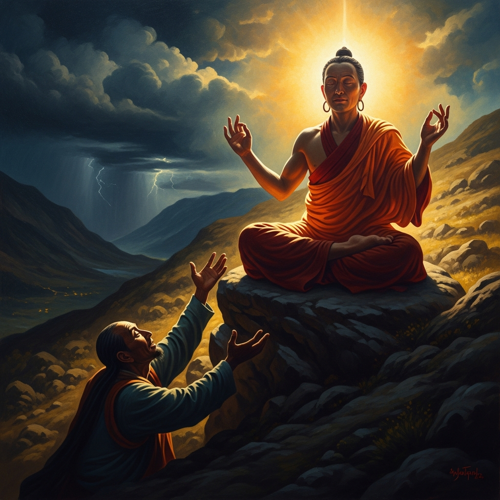 On a rocky hillside above the valley, Milarepa sits in the thunderstorm posture, eyes closed, arms raised. Below him his uncle's fields are being destroyed in precise rows — the hail falling selectively, driven by something beyond weather, leaving the neighboring plots untouched.