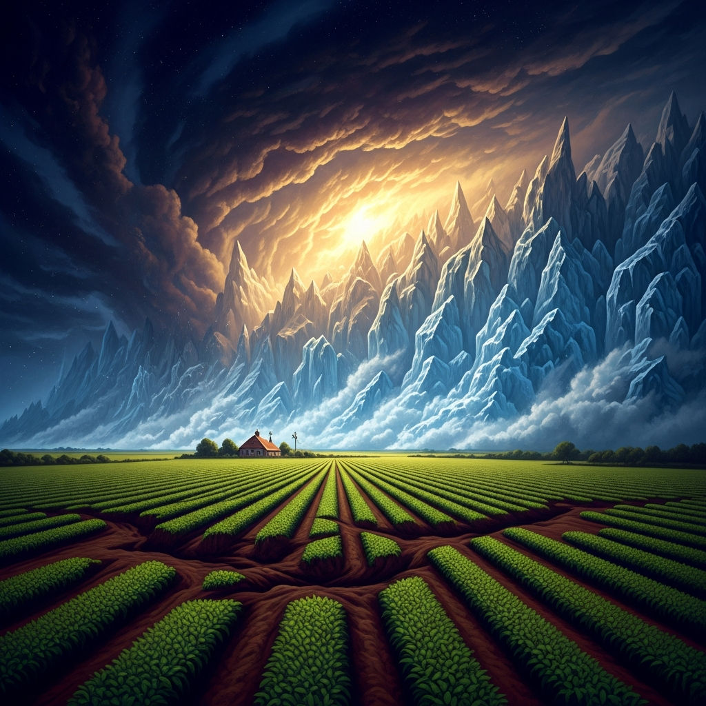 The hailstorm over his aunt and uncle's fields — conjured at distance, a wall of ice that flattens every stalk, every row, every green thing his relatives had planted for the year ahead.