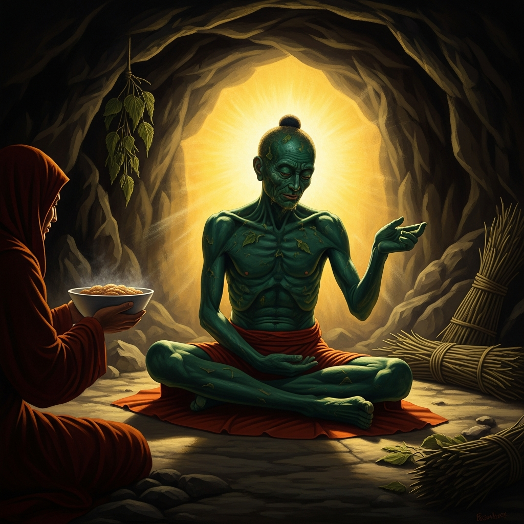 His skin has turned green from years of nettles — the only food his cave offers, boiled without salt. A disciple brings him food; Milarepa declines. The nettles are sufficient. They are, he says, the teacher of impermanence.