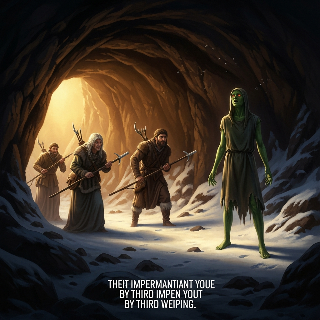 The hunters find him at the mouth of the cave and stop dead. He is green-skinned, hollow-eyed, barefoot in the snow, and he begins to sing. The song is about impermanence. By the third verse, one of them is weeping.