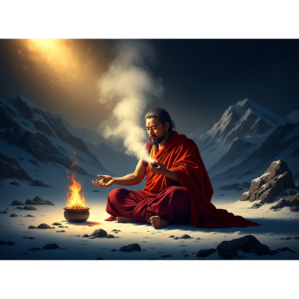 Steam rises from his body in the high-altitude snowfield. The tummo practice — the yogic inner fire — has been generating enough heat that he sits in the snow without a robe and does not feel cold. He has been sitting here for three days.