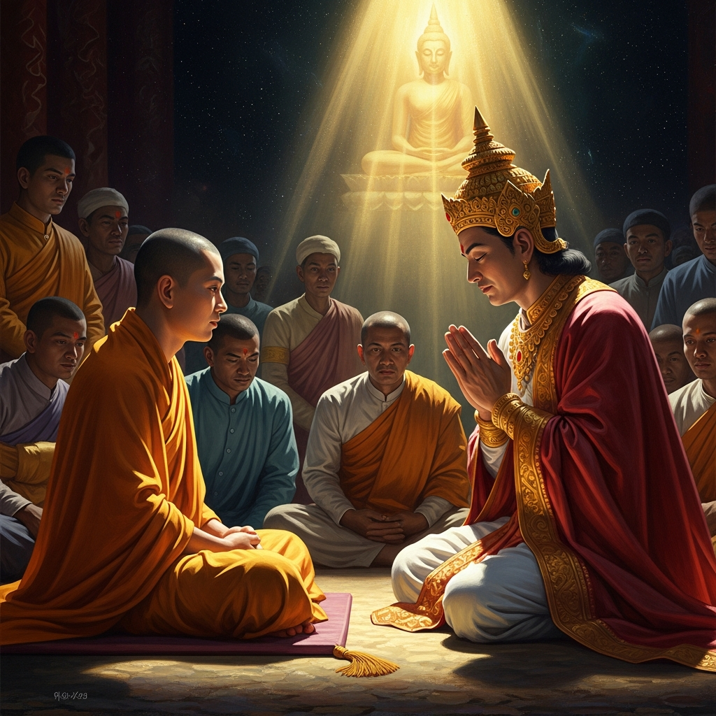 King Milinda with his hands pressed together in the anjali gesture — the bow of acknowledgment — before the seated monk. His courtiers watch. The expression on the king's face is not defeat. It is the face of a man who has just understood something.
