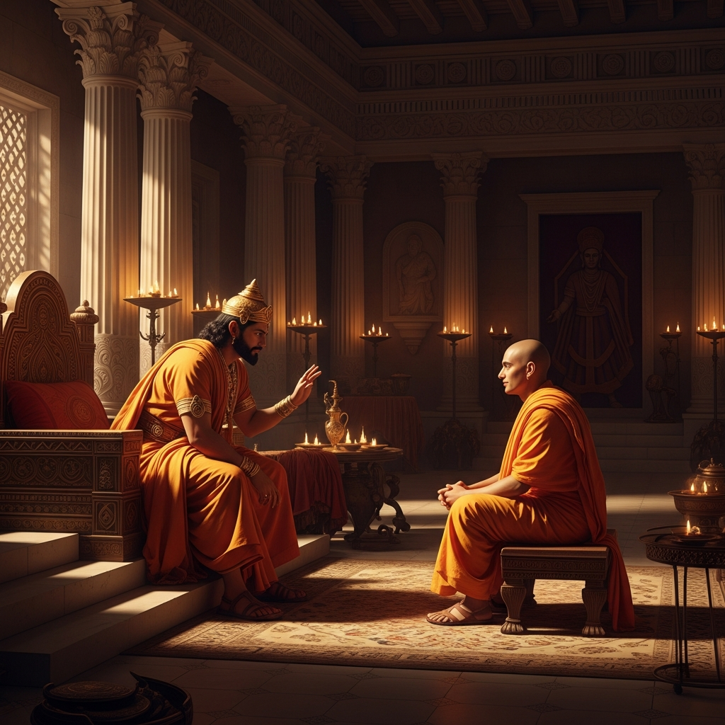 The court of Sagala — a wide room with Greek columns and Indian carvings, oil lamps along the walls. King Milinda leans forward from his throne, his hand raised in the gesture of a man making a point. Across from him on a low seat, a shaved-headed monk in saffron robes is smiling slightly.