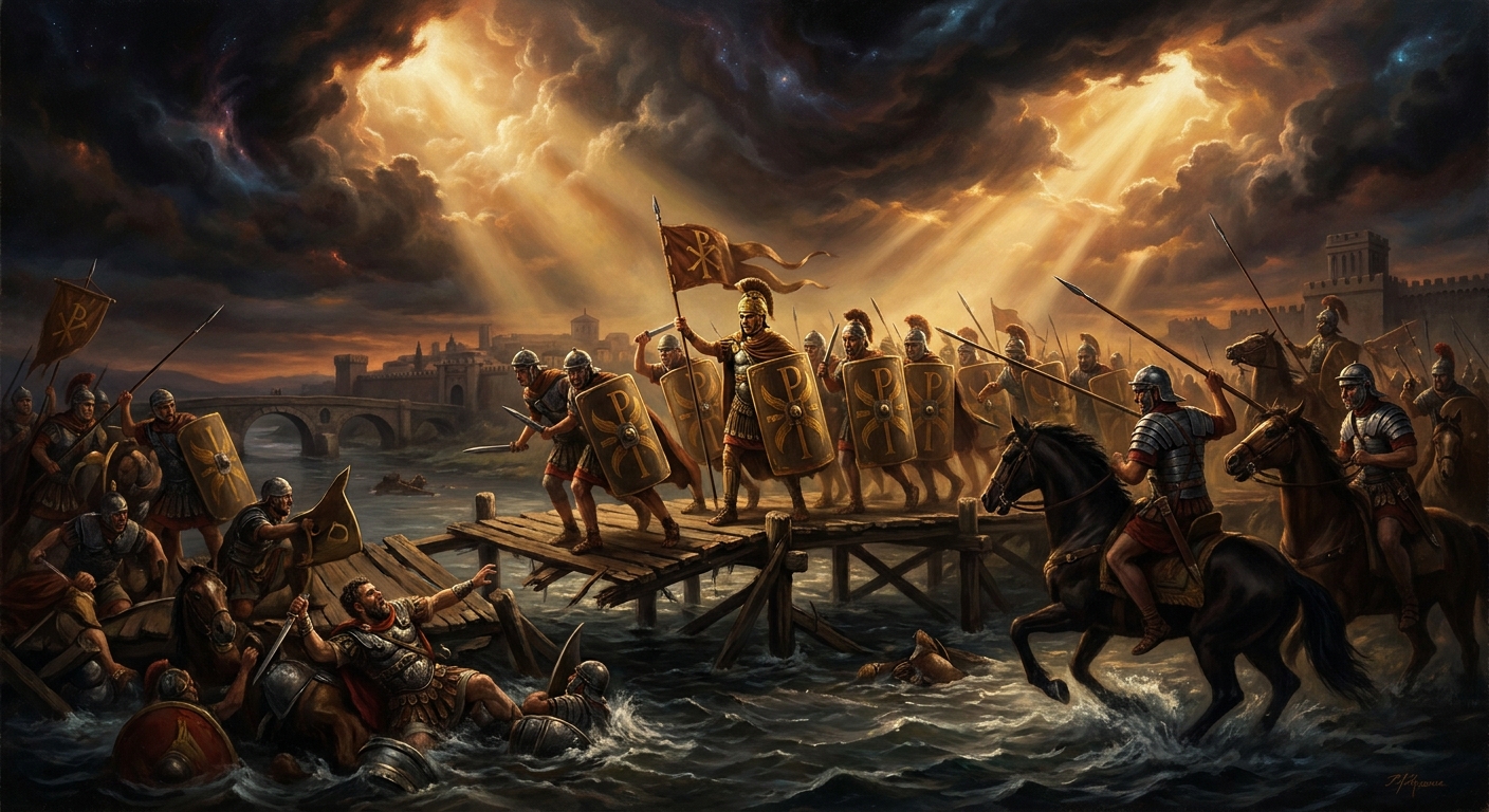 Maxentius's cavalry breaks against Constantine's disciplined line. The pontoon bridge collapses beneath the rout. Maxentius, armored, goes into the Tiber and does not come up. His head is mounted on a spear and carried into Rome.