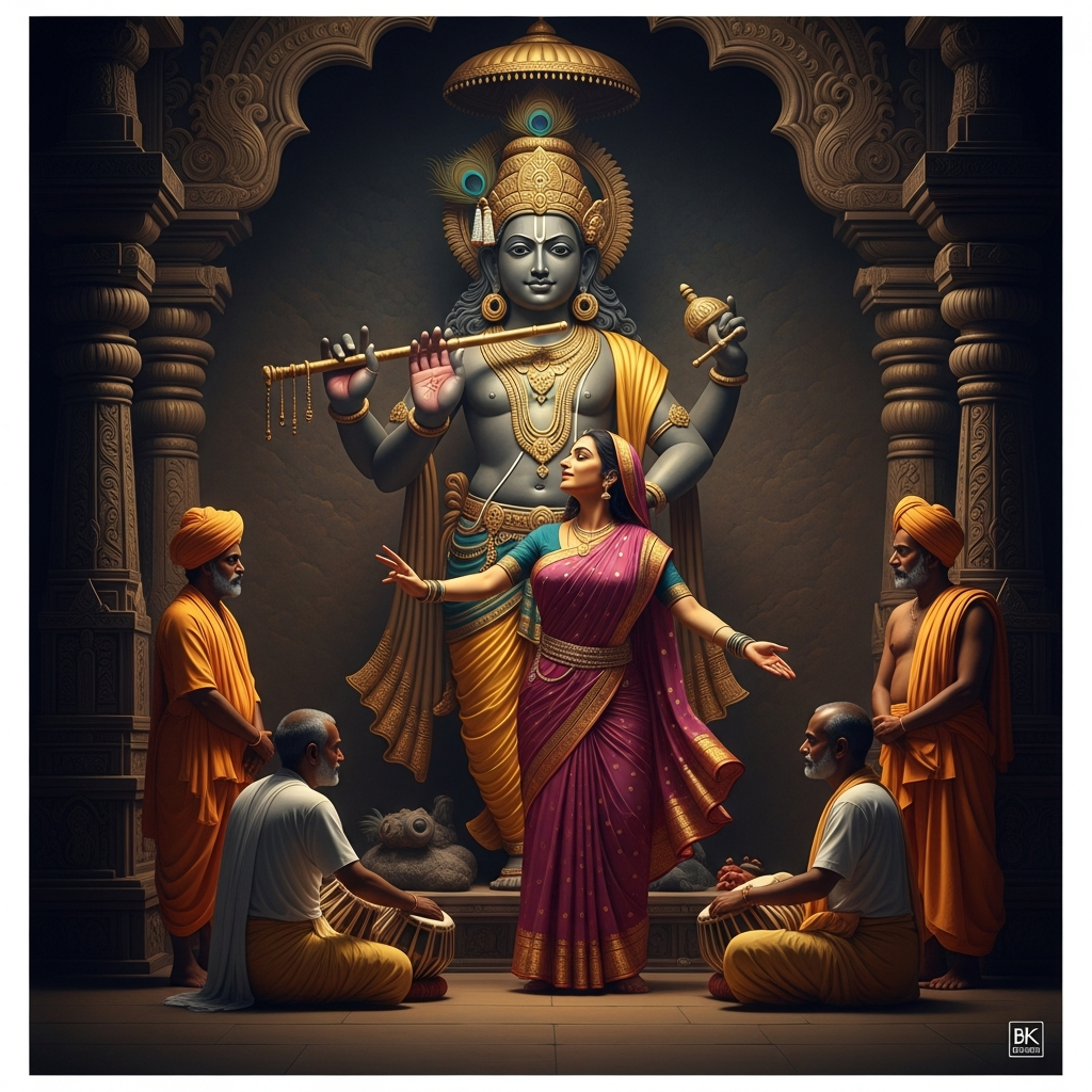 At the Dwarkadhish temple in Dwarka, Mirabai dances before the image of Ranchhodrai — Krishna the one who fled the battlefield to build the city of gold. The bhajan rises. The boundary between the singer and the image dissolves. When the priests enter, there is only the statue and the sari, pressed into the stone.