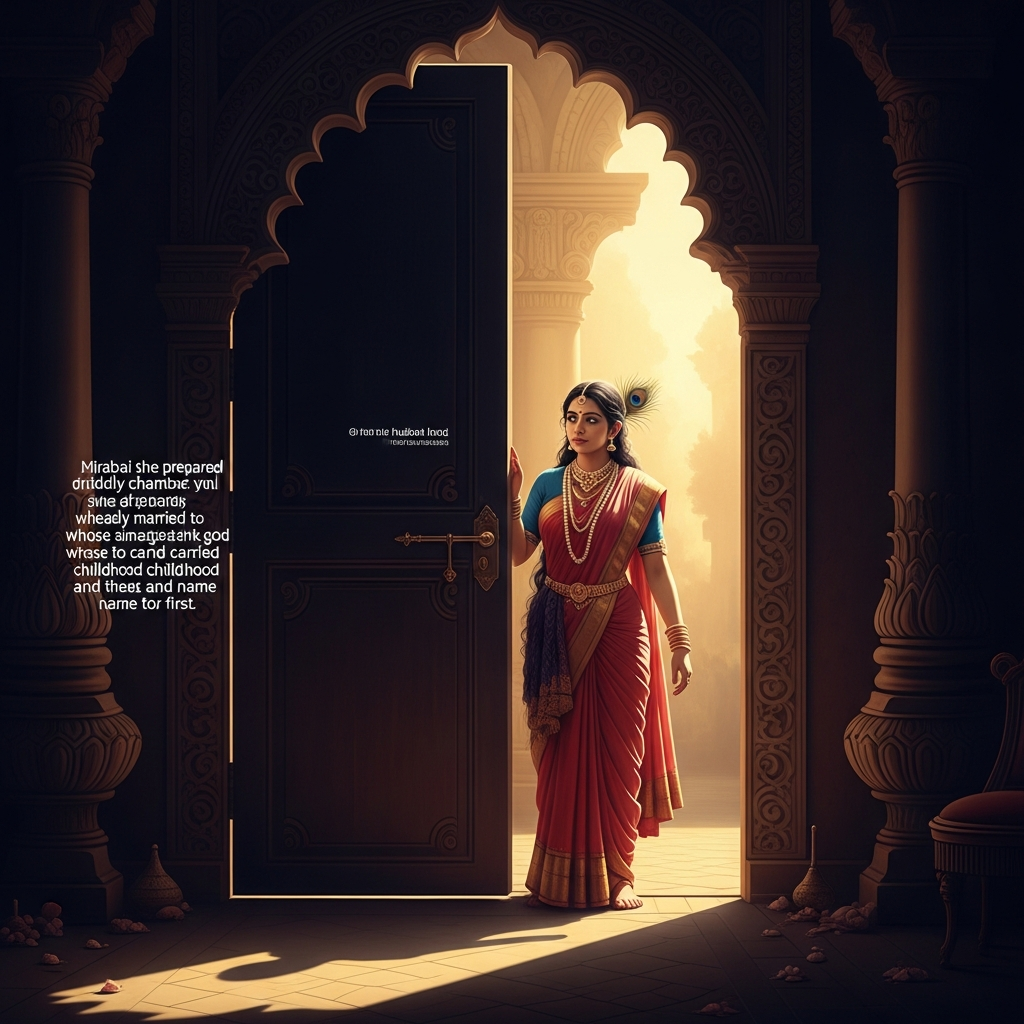 The bridal chamber is prepared. Mirabai stands at its door. She tells her husband what she has always known: she is already married — to the dark-blue god whose image she has carried since childhood, whose name she spoke before she could form any other word.