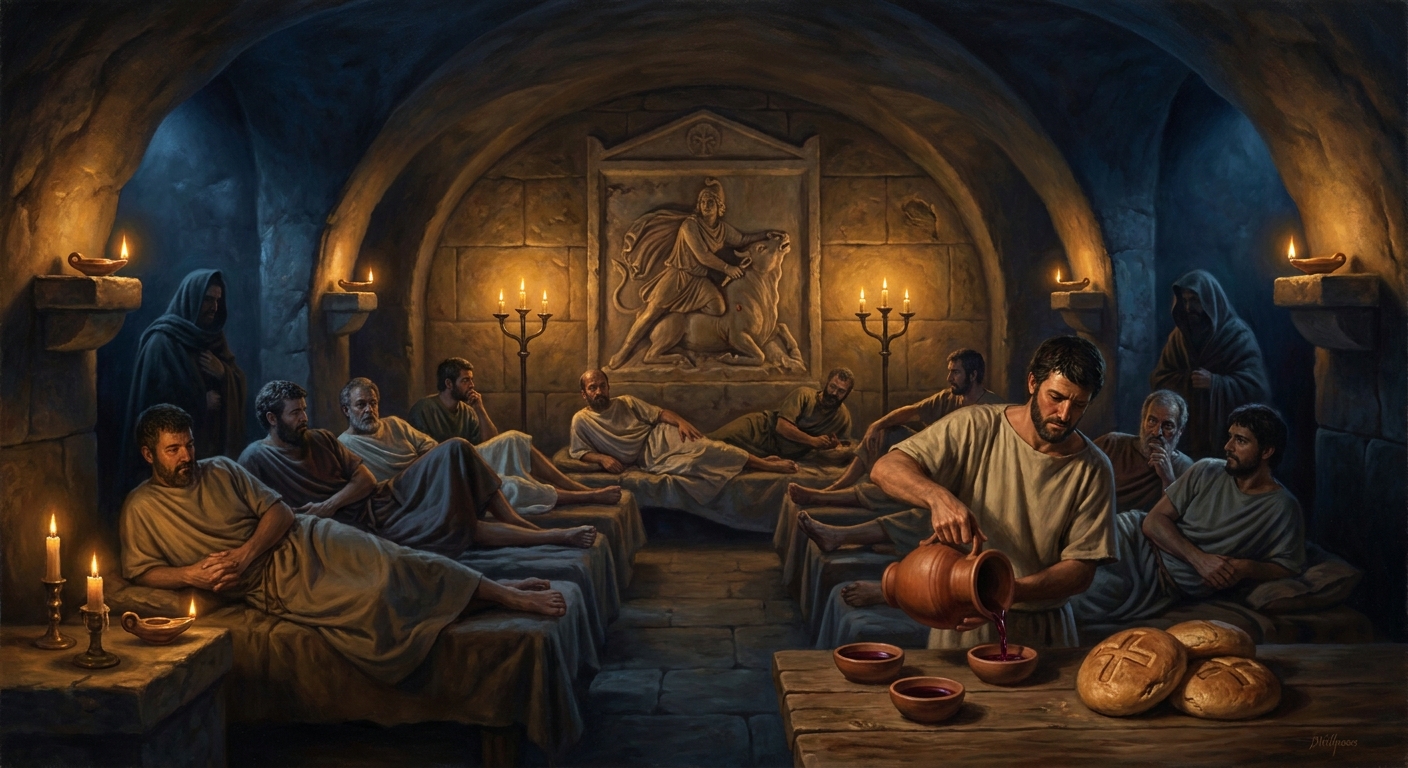 The shared meal: bread stamped with a cross, wine poured from a krater, the brothers reclining beneath the god who slew the bull so they could eat.
